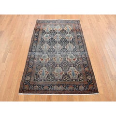 Midnight Blue Antique Persian Isphahan Garden Design Pure Wool Hand Knotted Rug