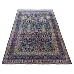Midnight Blue Antique Persian Lavar Kerman Clean Hand Knotted Pure Wool Rug