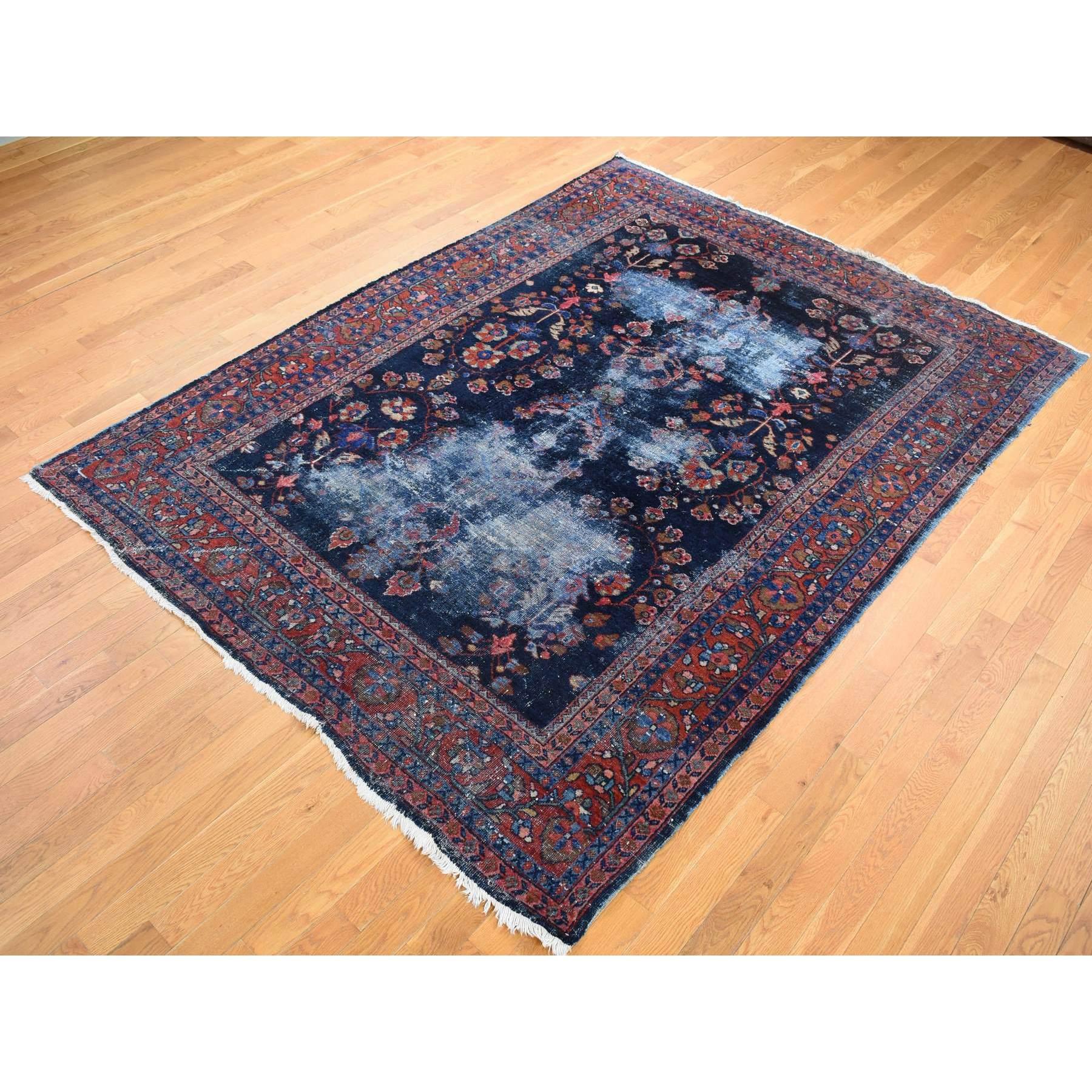 Medieval Midnight Blue Antique Persian Mahal Extensive Wear Pure Wool Hand Knotted Rug For Sale