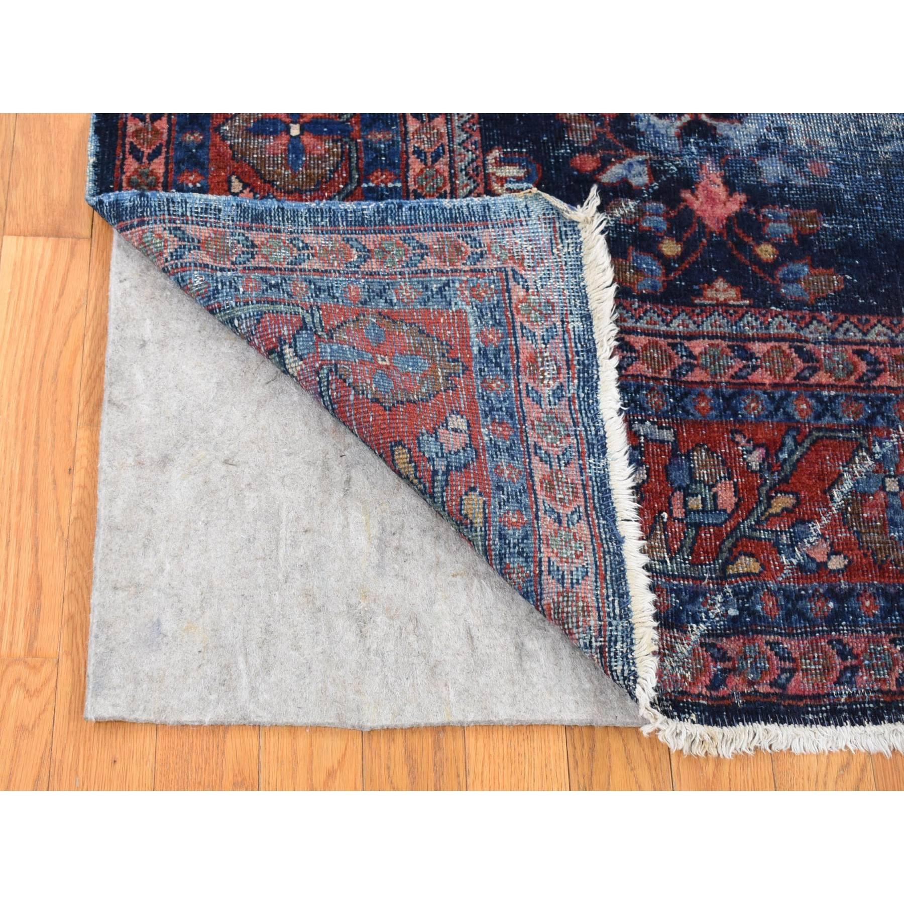 Hand-Knotted Midnight Blue Antique Persian Mahal Extensive Wear Pure Wool Hand Knotted Rug