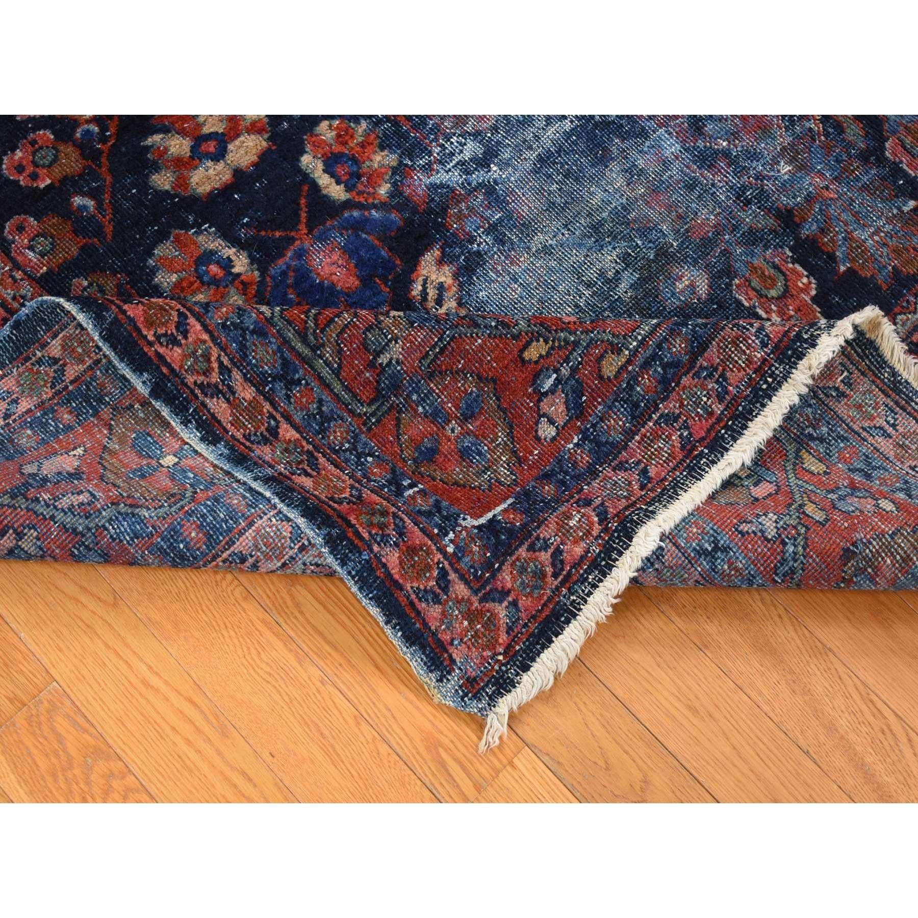 Early 20th Century Midnight Blue Antique Persian Mahal Extensive Wear Pure Wool Hand Knotted Rug For Sale