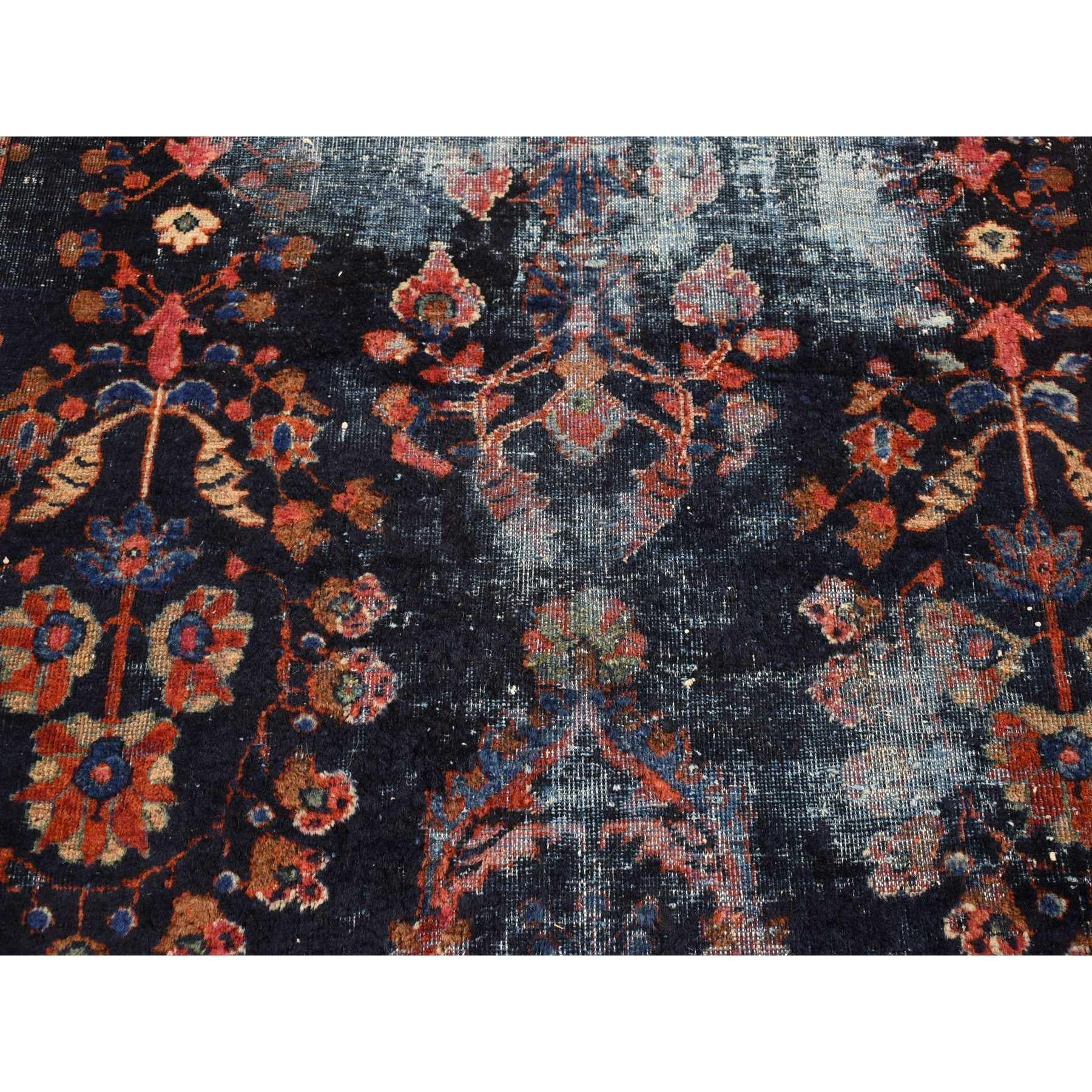 Midnight Blue Antique Persian Mahal Extensive Wear Pure Wool Hand Knotted Rug For Sale 2