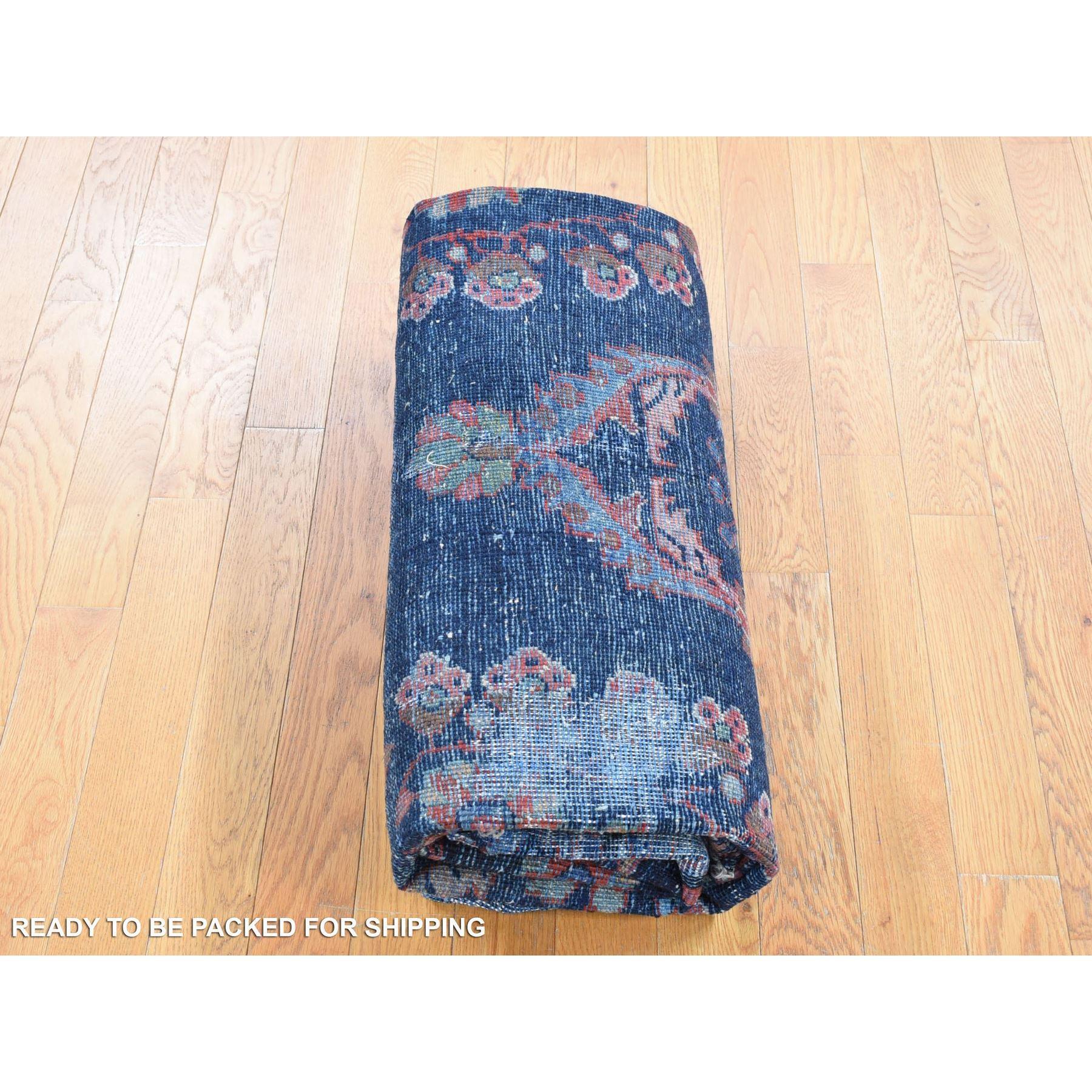 Midnight Blue Antique Persian Mahal Extensive Wear Pure Wool Hand Knotted Rug For Sale 3