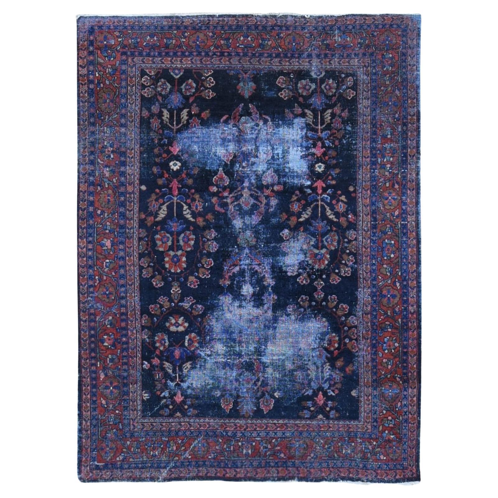 Midnight Blue Antique Persian Mahal Extensive Wear Pure Wool Hand Knotted Rug For Sale