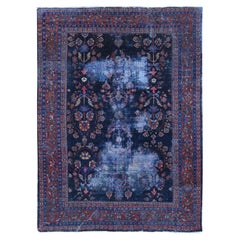 Midnight Blue Antique Persian Mahal Extensive Wear Pure Wool Hand Knotted Rug