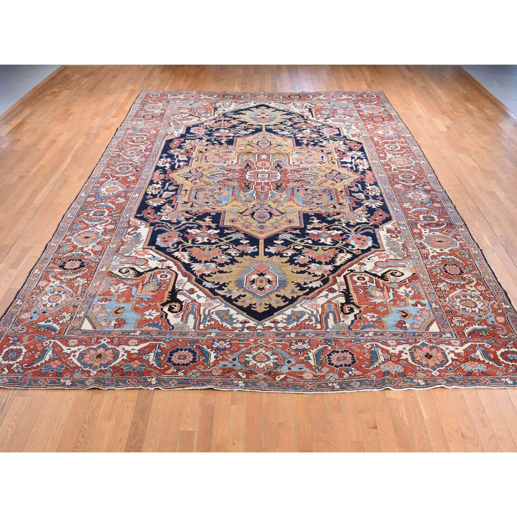 Medieval Midnight Blue Antique Persian Serapi Heriz Clean Hand Knotted Pure Wool Rug For Sale