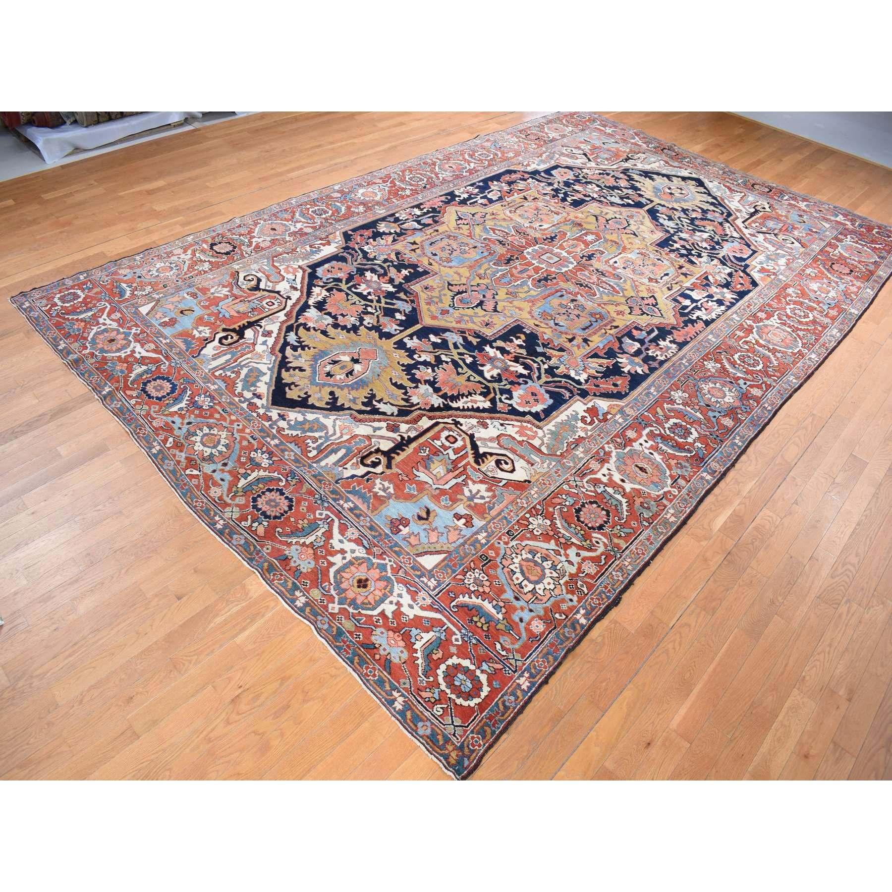 Hand-Knotted Midnight Blue Antique Persian Serapi Heriz Clean Hand Knotted Pure Wool Rug For Sale