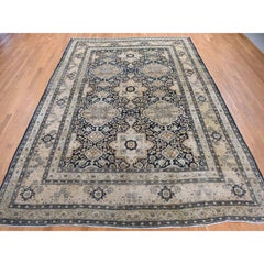Midnight Blue Antique Persian Tabriz Even Wear Clean Soft Wool Hand Knotted Rug