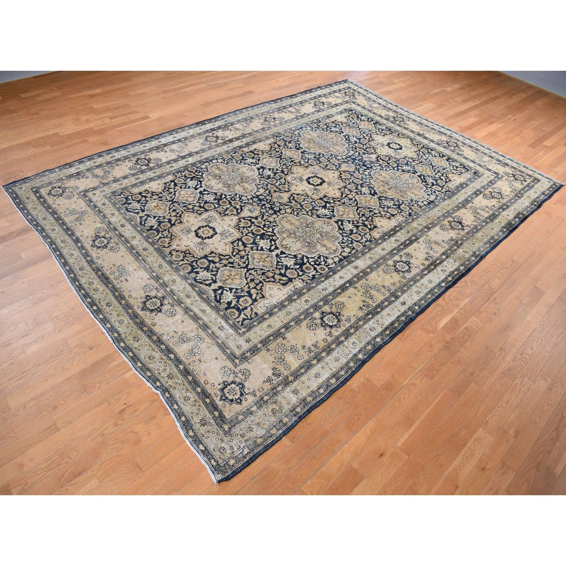 Medieval Midnight Blue Antique Persian Tabriz Even Wear Clean Soft Wool Hand Knotted Rug For Sale