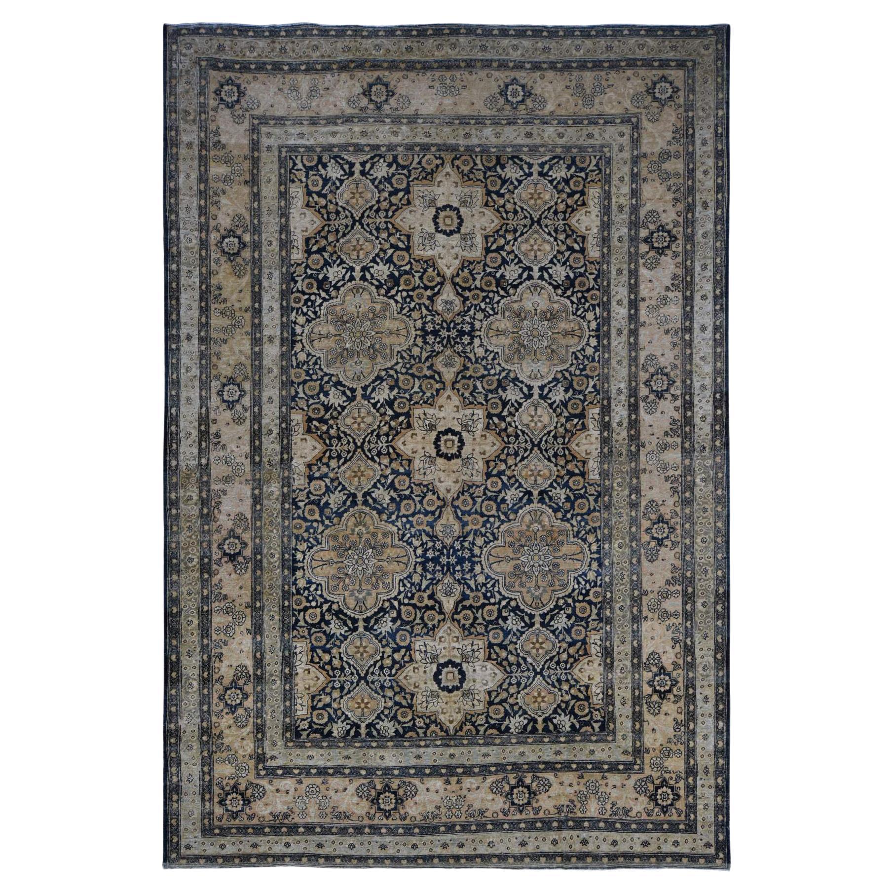 Midnight Blue Antique Persian Tabriz Even Wear Clean Soft Wool Hand Knotted Rug For Sale