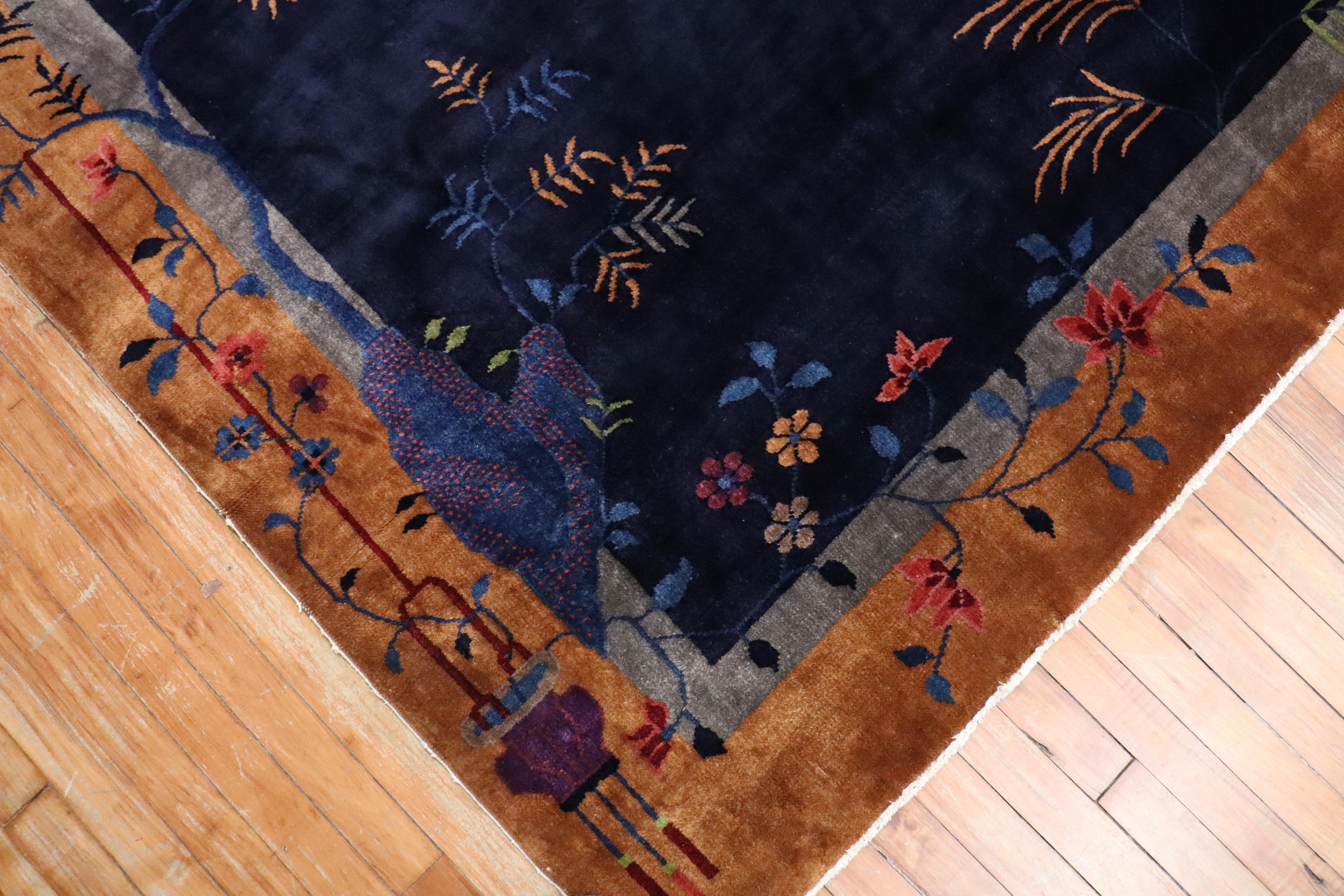 Mid-20th Century Midnight Blue Art Deco Chinese Foyer Size Rug, 20th Century