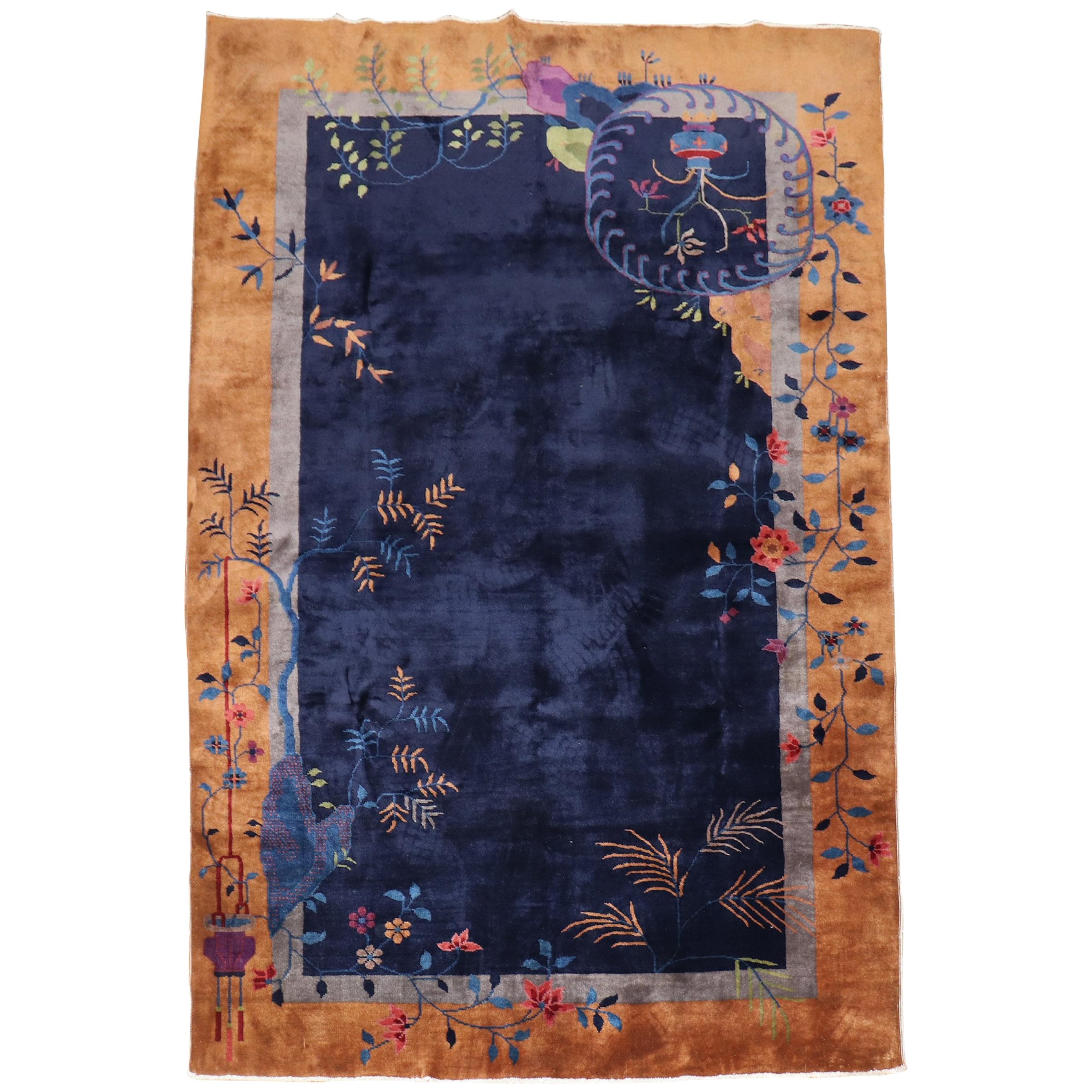 Midnight Blue Art Deco Chinese Foyer Size Rug, 20th Century