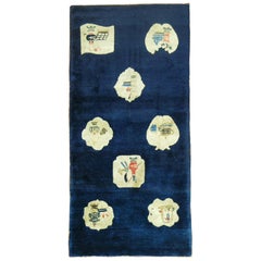 Antique Midnight Blue Chinese Folk Art Throw Rug