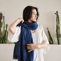 Midnight Blue Classic Handwoven Modern Artisan Linen Blend Scarf