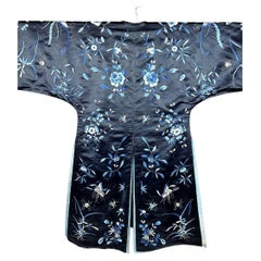 Midnight blue embroidered satin Kimono coat - China Qing Period Circa 1880-1900