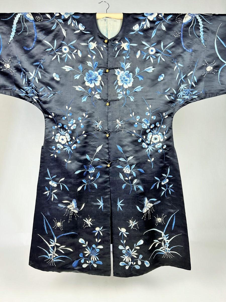 Black Midnight blue embroidered satin Kimono coat - China Qing Period Circa 1880-1900