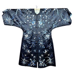 Midnight blue embroidered satin Kimono coat - China Qing Period Circa 1880-1900