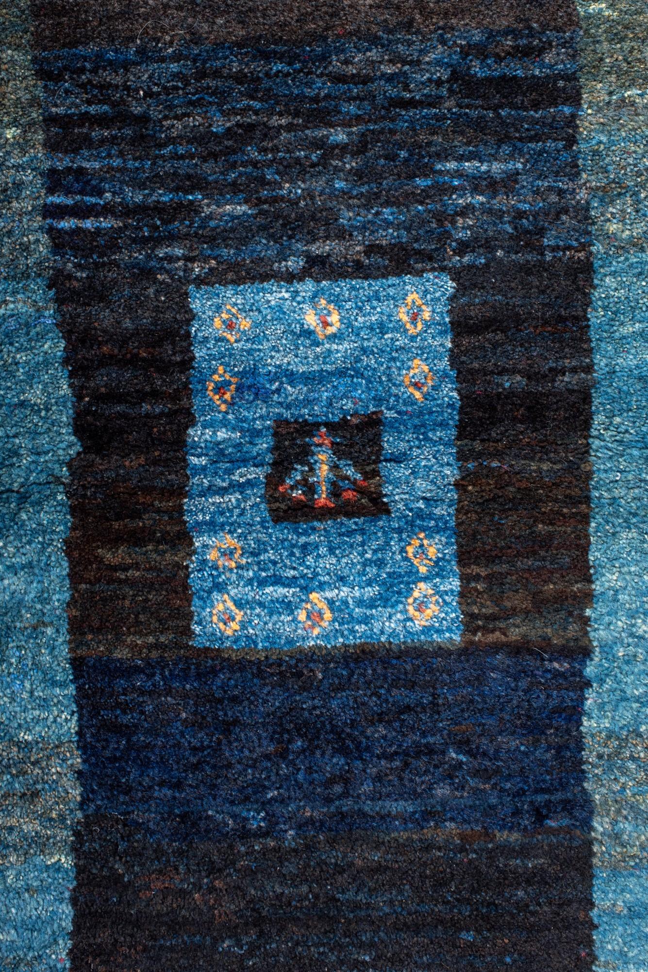 Hand-Knotted Midnight Blue Gabbeh Rug with Nested Borders and Tribal Figures For Sale