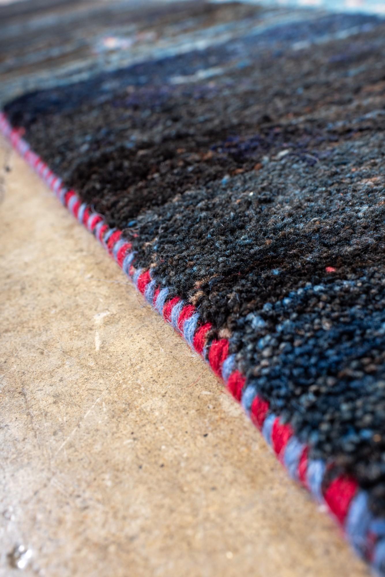 Wool Midnight Blue Gabbeh Rug with Nested Borders and Tribal Figures For Sale