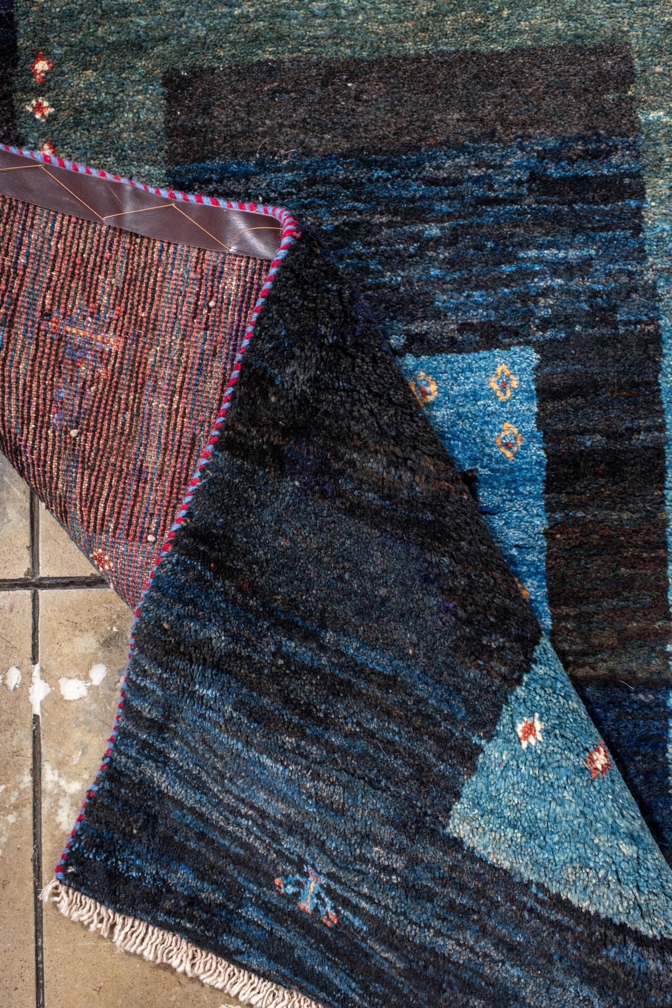 Midnight Blue Gabbeh Rug with Nested Borders and Tribal Figures For Sale 1