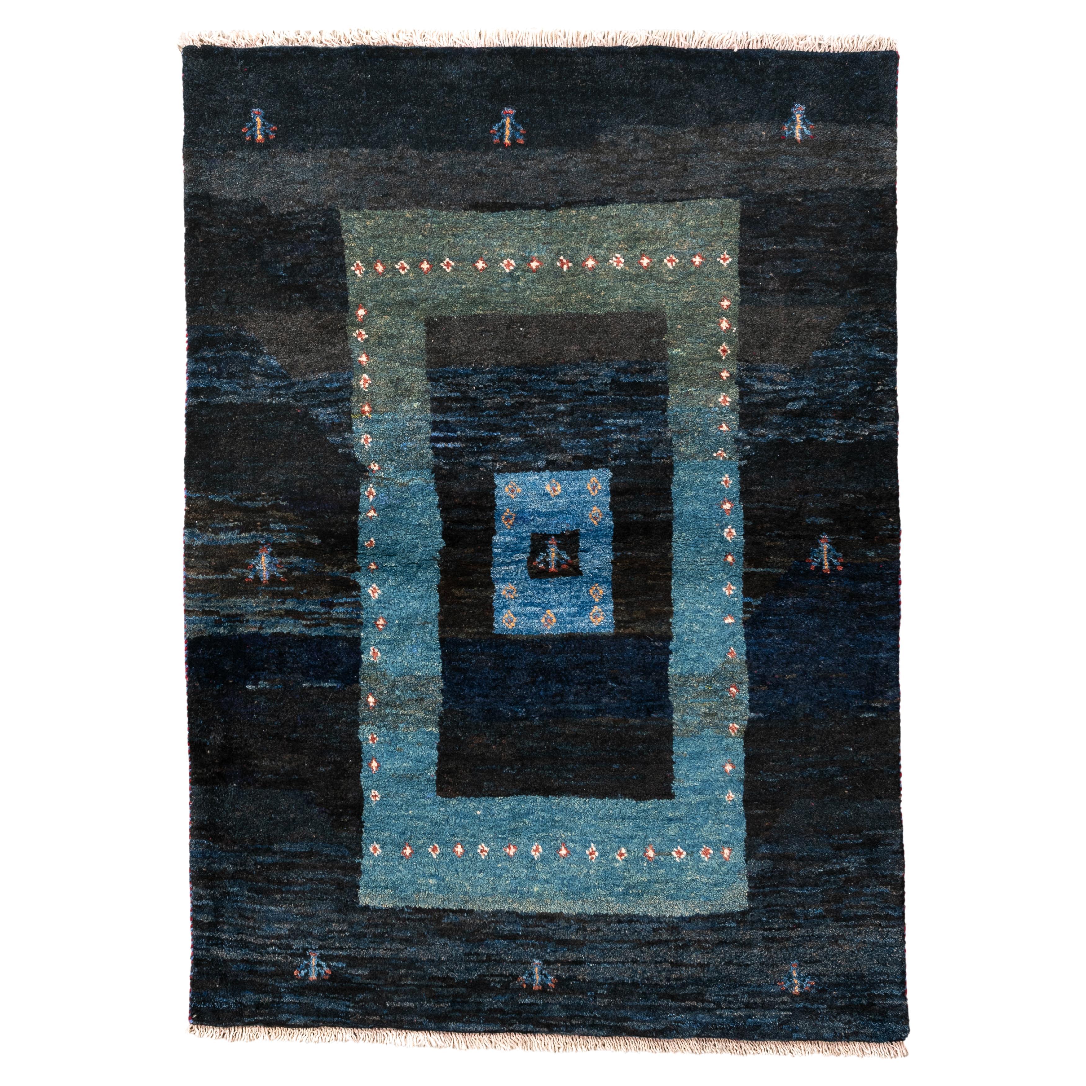 Midnight Blue Gabbeh Rug with Nested Borders and Tribal Figures For Sale