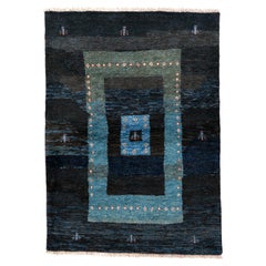 Midnight Blue Gabbeh Rug with Nested Borders and Tribal Figures