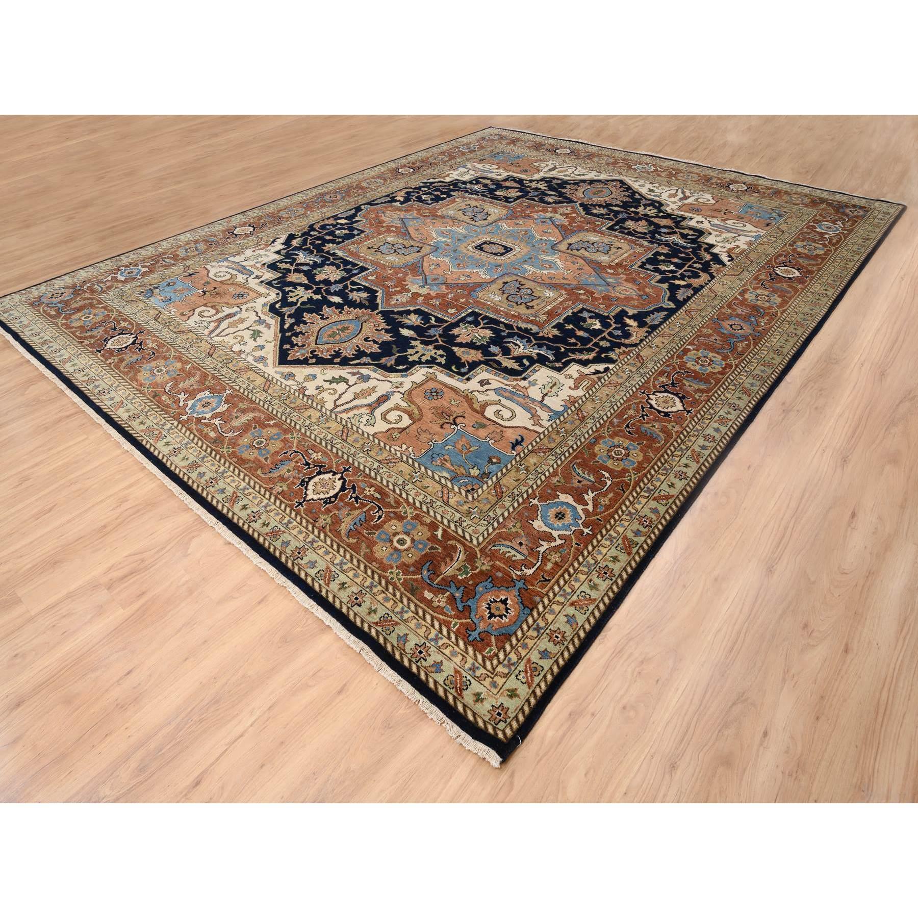 Mitternachtsblauer, handgeknüpfter, übergroßer orientalischer Heriz-Teppich aus reiner Wolle 12'0