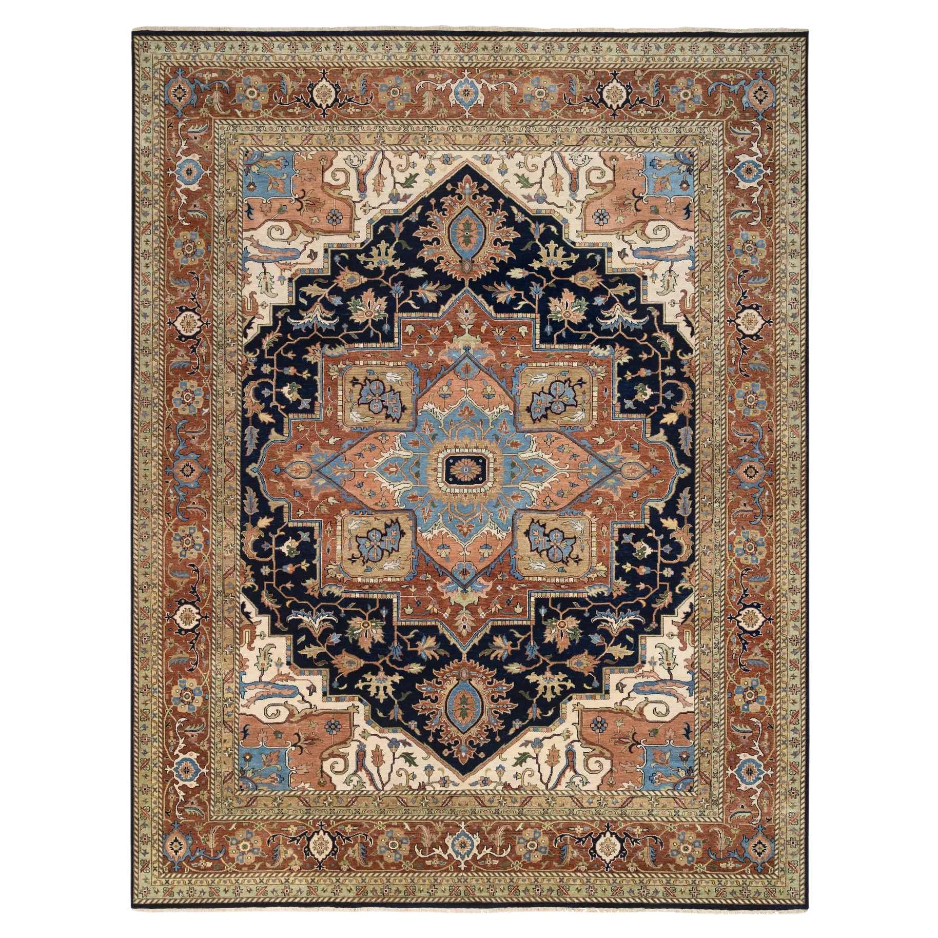 Midnight Blue Heriz Pure Wool Hand Knotted Oversized Oriental Rug 12'0" x 15'4"