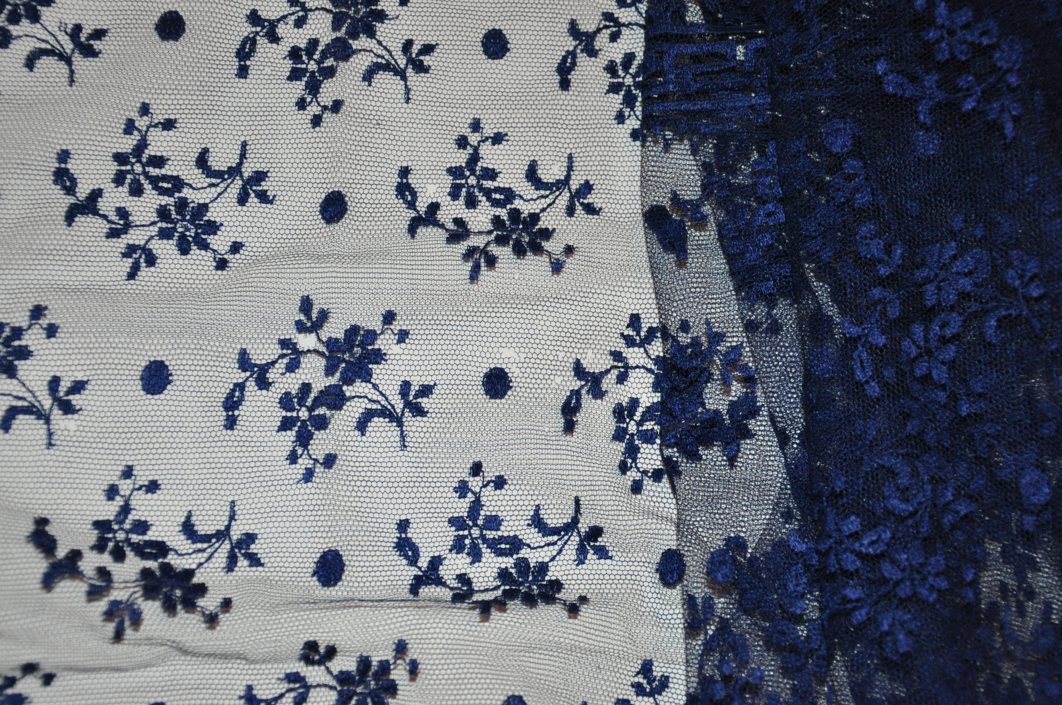 Women's or Men's Midnight Blue Large Hand-Woven French Lace Floral with Scallop Edges Shawl