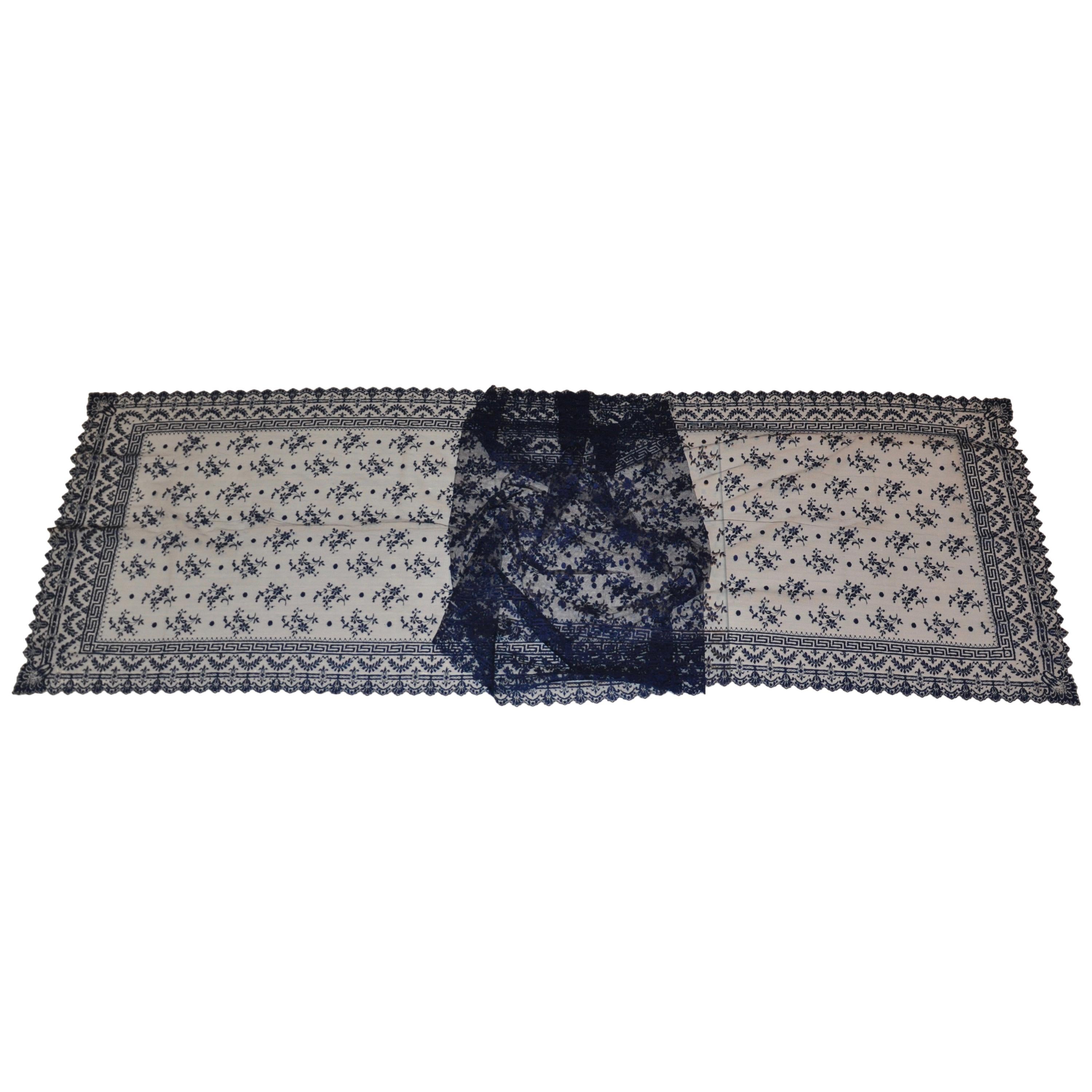 Midnight Blue Large Hand-Woven French Lace Floral with Scallop Edges Shawl