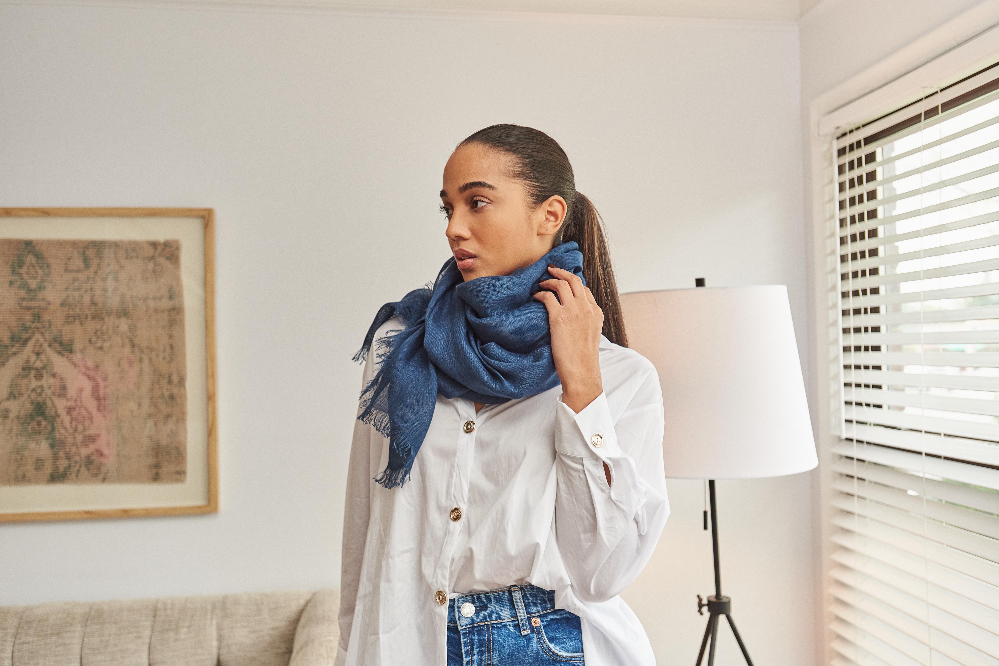 Custom design by Studio Variously, Midnight Blue is a light weight linen scarf. It is finely handwoven by master artisans in Nepal.  

A sustainable design brand based out of Michigan, Studio Variously exclusively collaborates with artisan