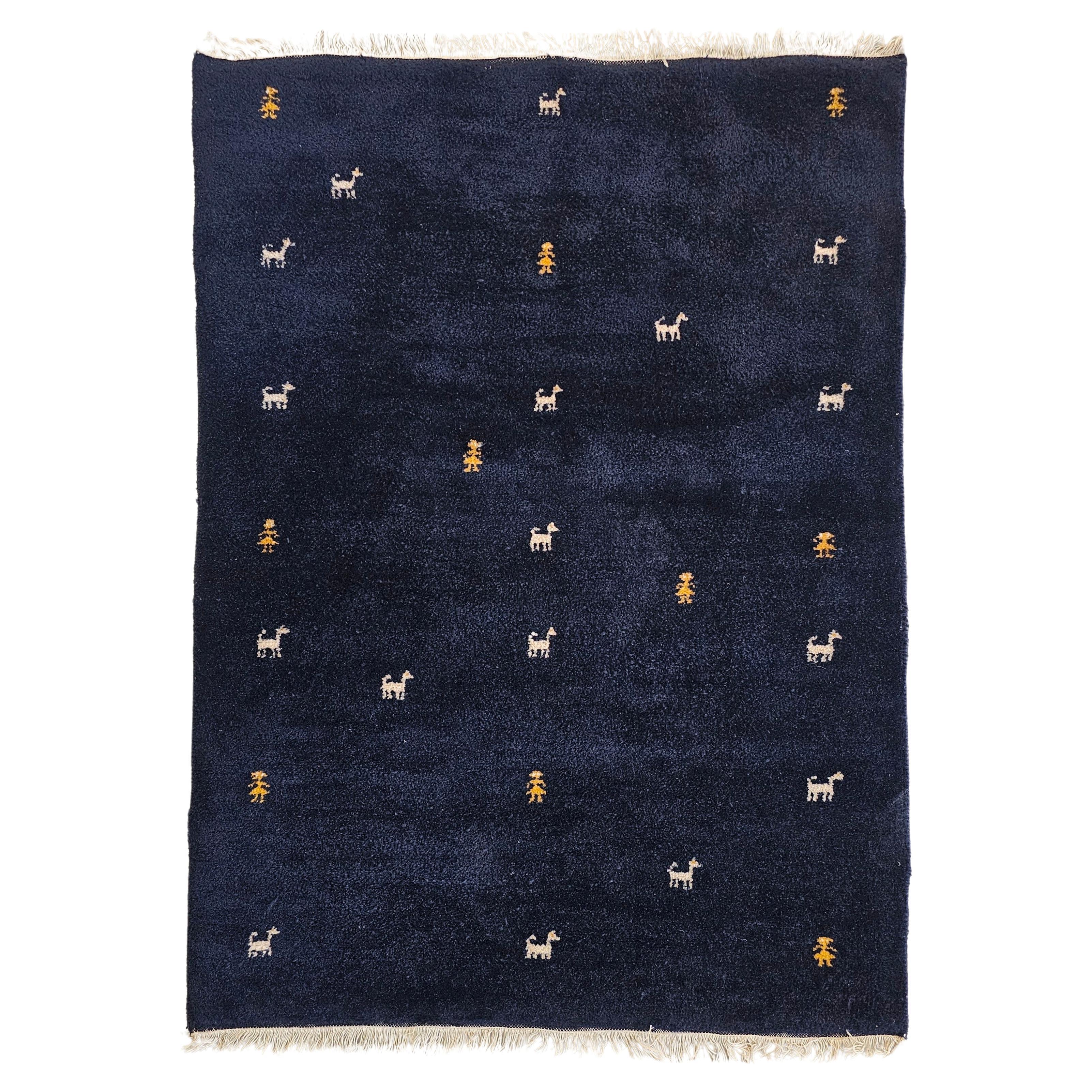 Mitternachtsblauer (fast schwarzer) handgeknüpfter minimalistischer persischer Gabbeh-Teppich