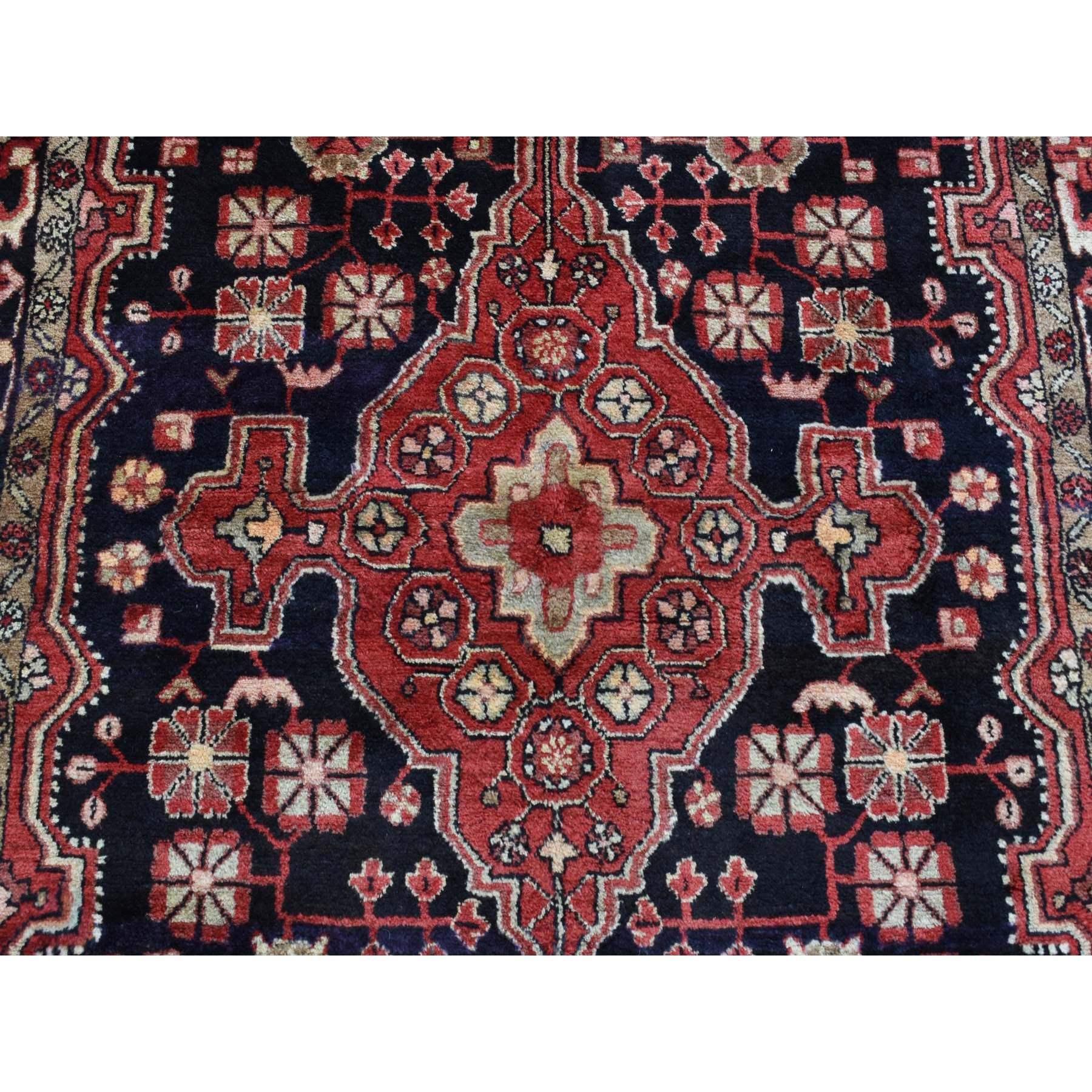 Hand-Knotted Midnight Blue Vintage Persian Hamadan Clean Full Pile Hand Knotted Pure Wool Rug