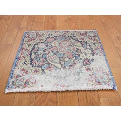 Mitternachtsblauer Vintage Persischer Kerman Handgeknüpfter quadratischer Teppich aus reiner Wolle 1'6"x1'6"