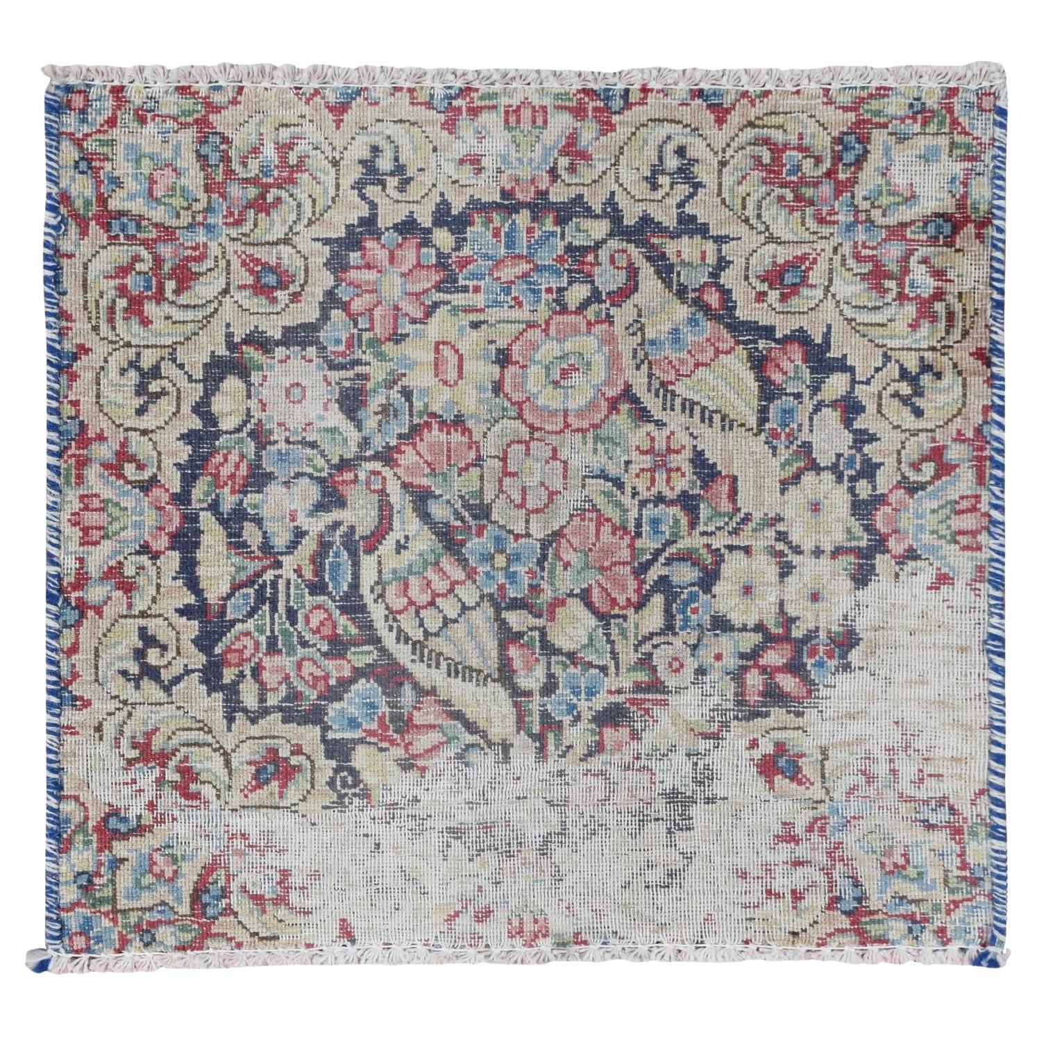 Midnight Blue Vintage Persian Kerman Hand Knotted Pure Wool Square Rug 1'6"x1'6" For Sale