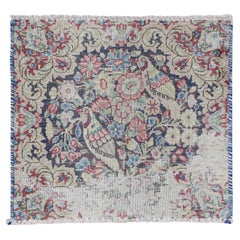 Mitternachtsblauer Vintage Persischer Kerman Handgeknüpfter quadratischer Teppich aus reiner Wolle 1'6"x1'6"