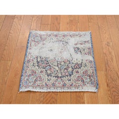 Mitternachtsblauer Vintage Persischer Kerman Handgeknüpfter quadratischer Teppich aus reiner Wolle 1'8"x1'8"