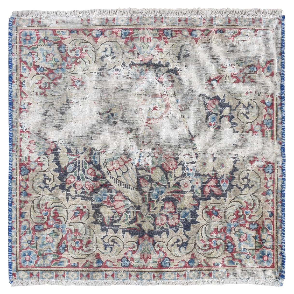 Midnight Blue Vintage Persian Kerman Hand Knotted Pure Wool Square Rug 1'8"x1'8" For Sale