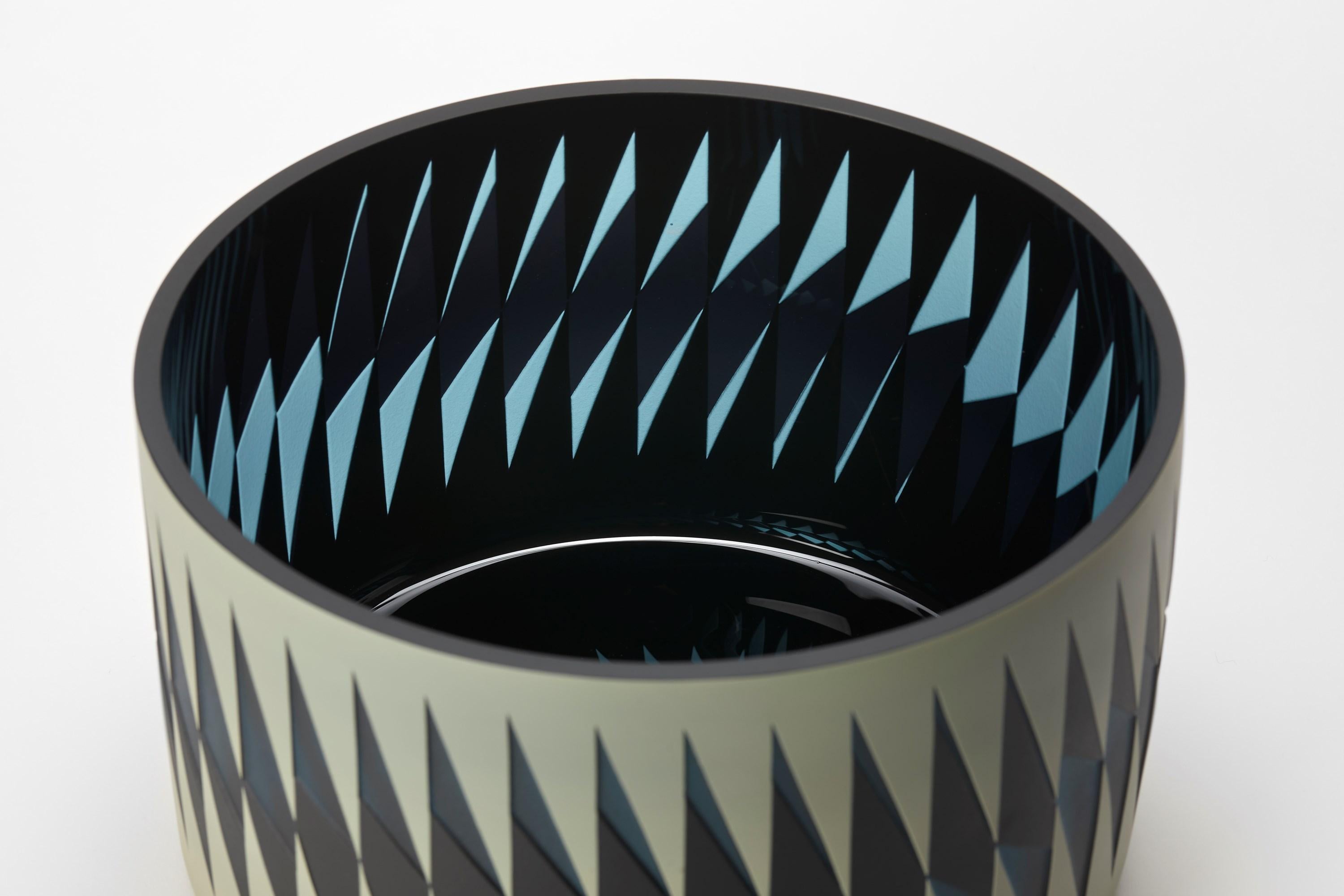 Hand-Crafted Midnight Blues, a khaki & dark blue graphic glass centrepiece by Sarah Wiberley For Sale