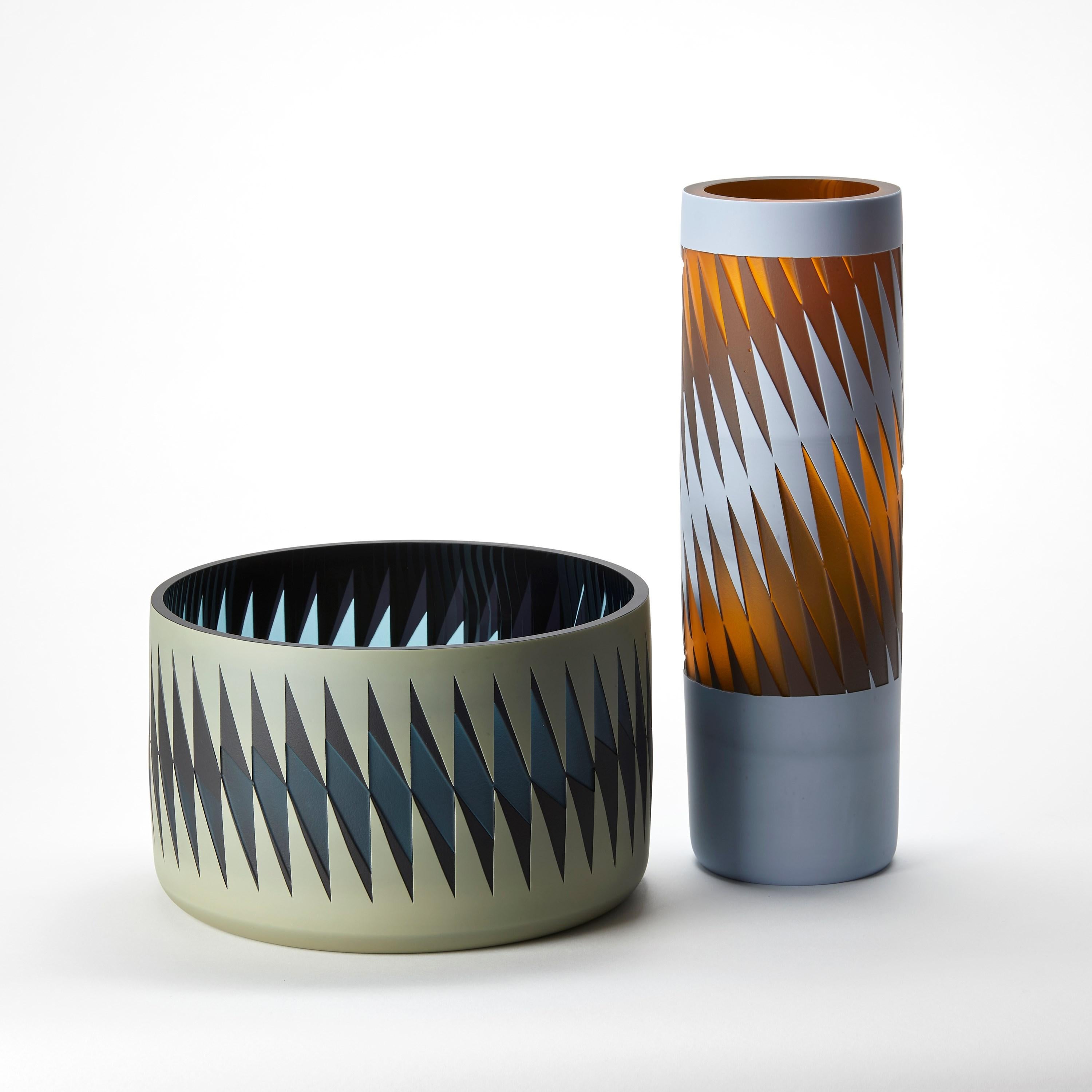 Glass Midnight Blues, a khaki & dark blue graphic glass centrepiece by Sarah Wiberley For Sale
