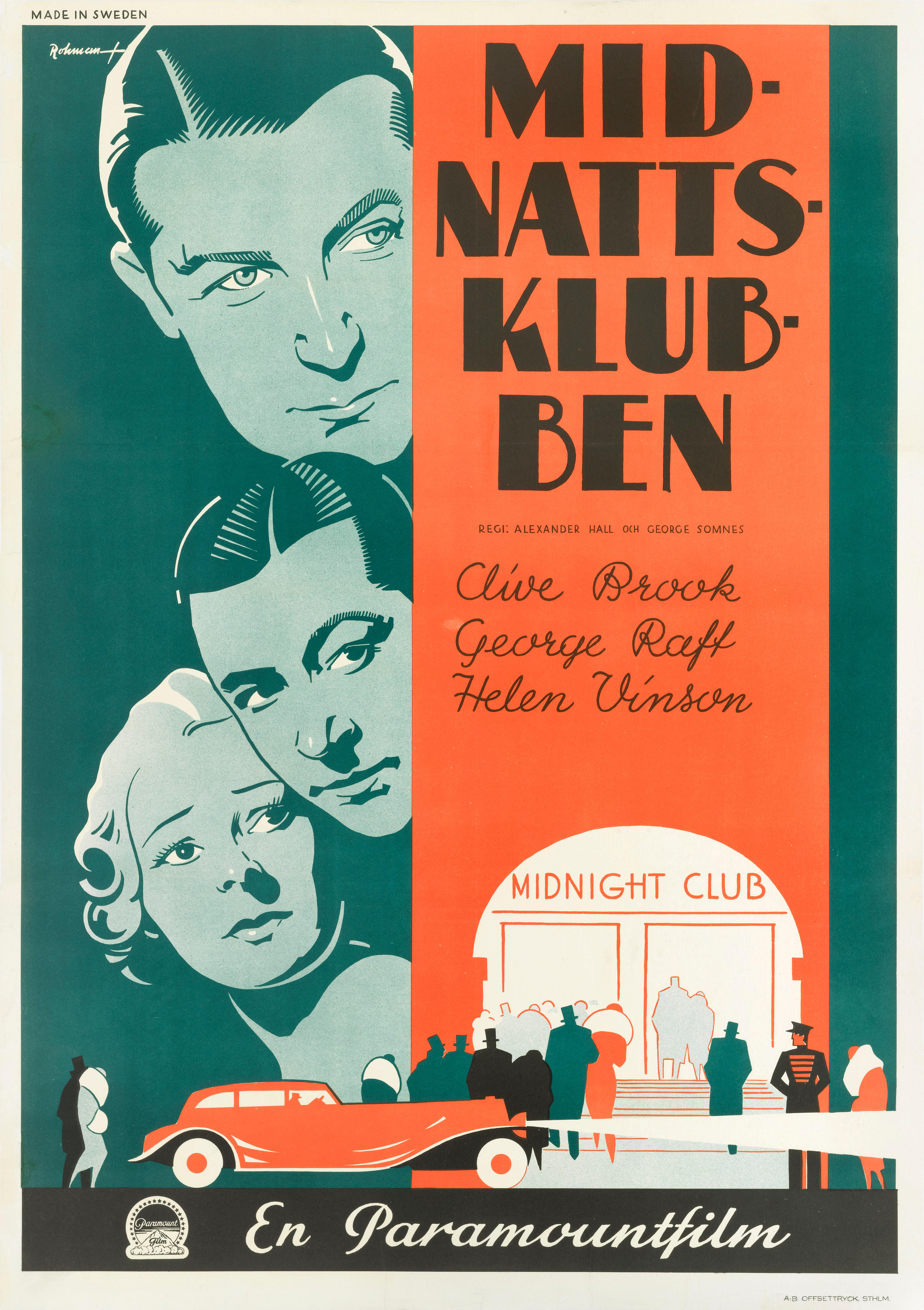 Original Swedish film poster for American crime, drama film Midnight Club, 1933.
The film was directed by Alexander Hall and George Somnes and starred Clive Brook, Gorge Raff and Helen Vinson.
This striking Swedish poster was created for the films