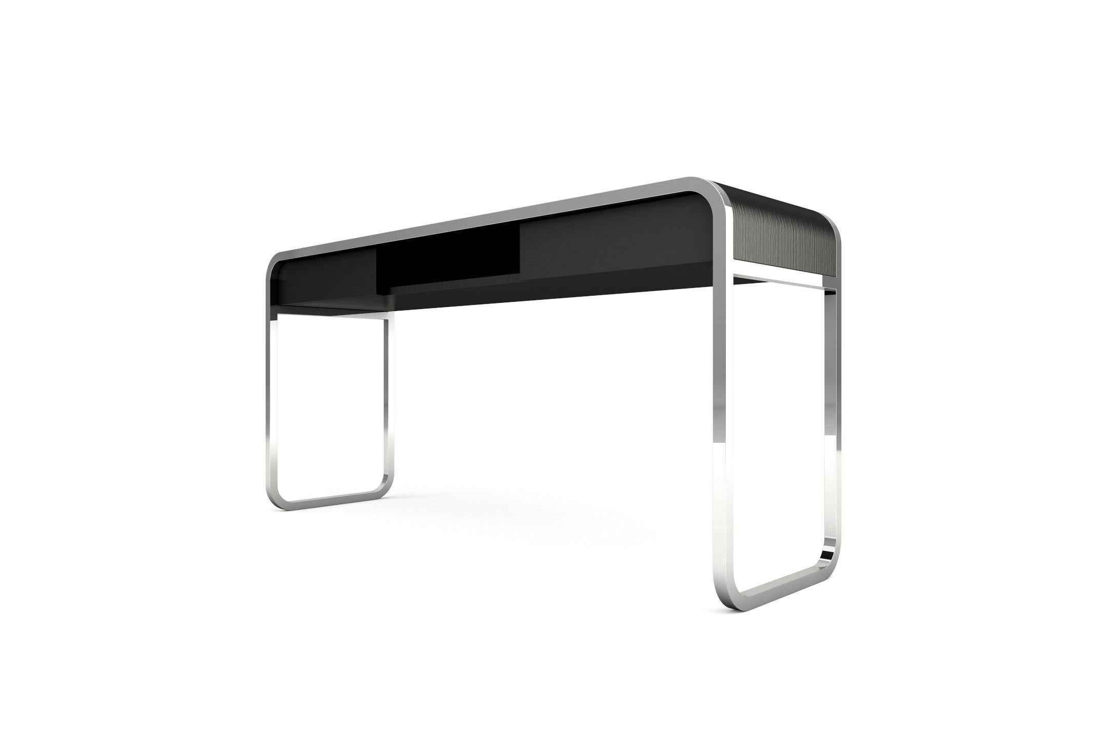 European Midnight Console - Modern Black Lacquered Console with Stainless Steel Legs For Sale