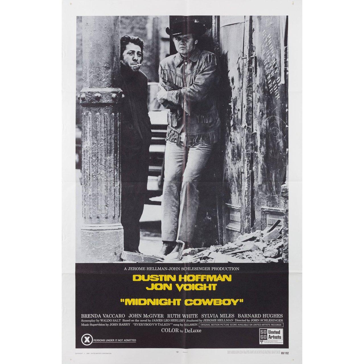 Original 1969 U.S. one sheet poster for the film Midnight Cowboy directed by John Schlesinger with Dustin Hoffman / Jon Voight / Sylvia Miles / John McGiver. Very Good condition, folded with pinholes. Many original posters were issued folded or were