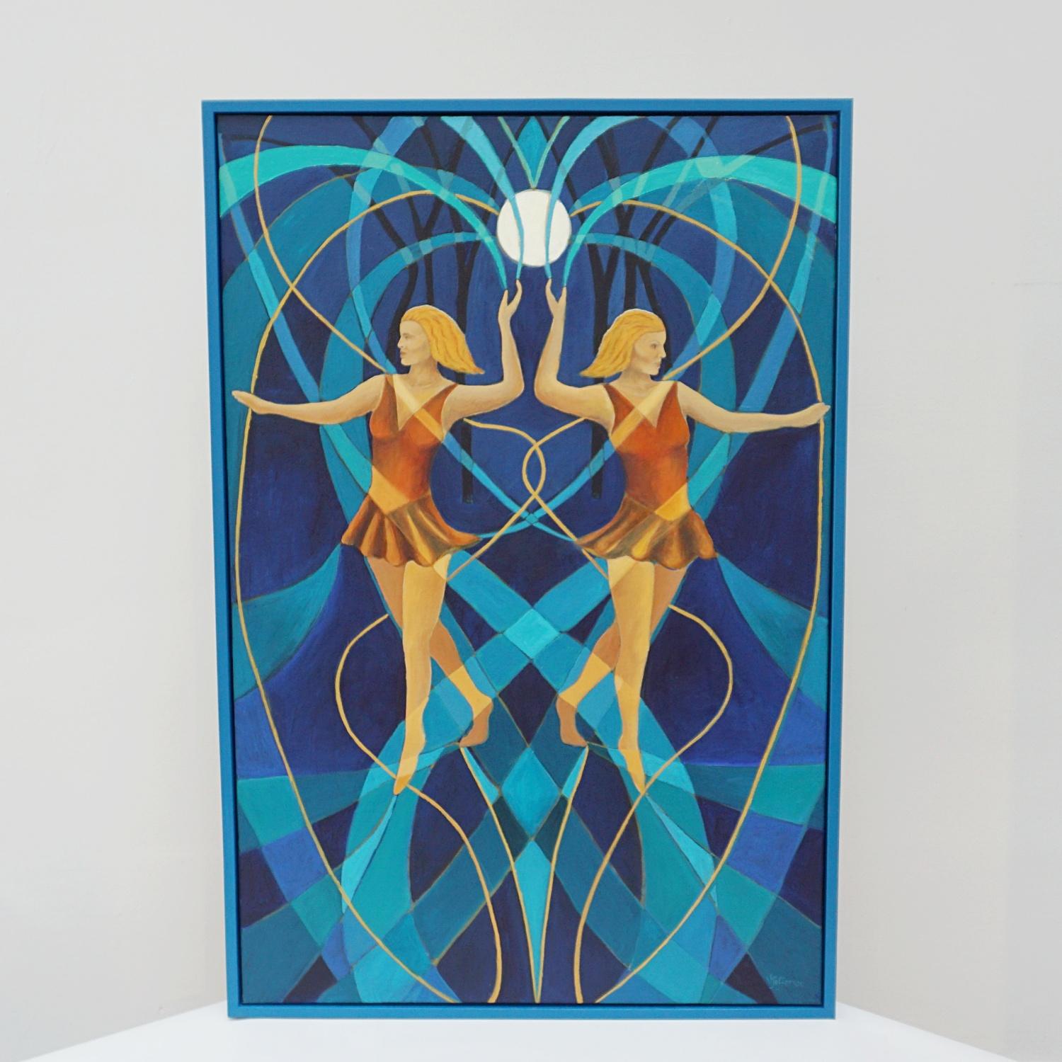 'Midnight Dance' An Art Deco style contemporary painting by Vera Jefferson. Oil on canvas, depicting two dancers twirling ribbons in the moonlight. Painted amongst a stylised, abstract background. Signed V Jefferson to lower right. 

Dimensions: H