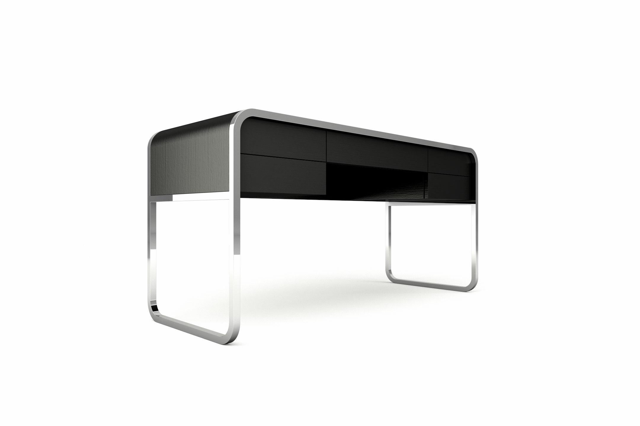 European Midnight Desk - Modern Black Lacquered Desk with Stainless Steel Legs For Sale
