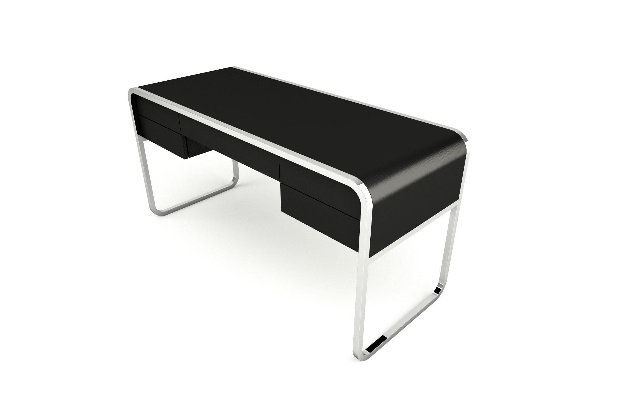 Européen Midnight Desk - Bureau moderne laqué noir avec pieds en acier inoxydable en vente