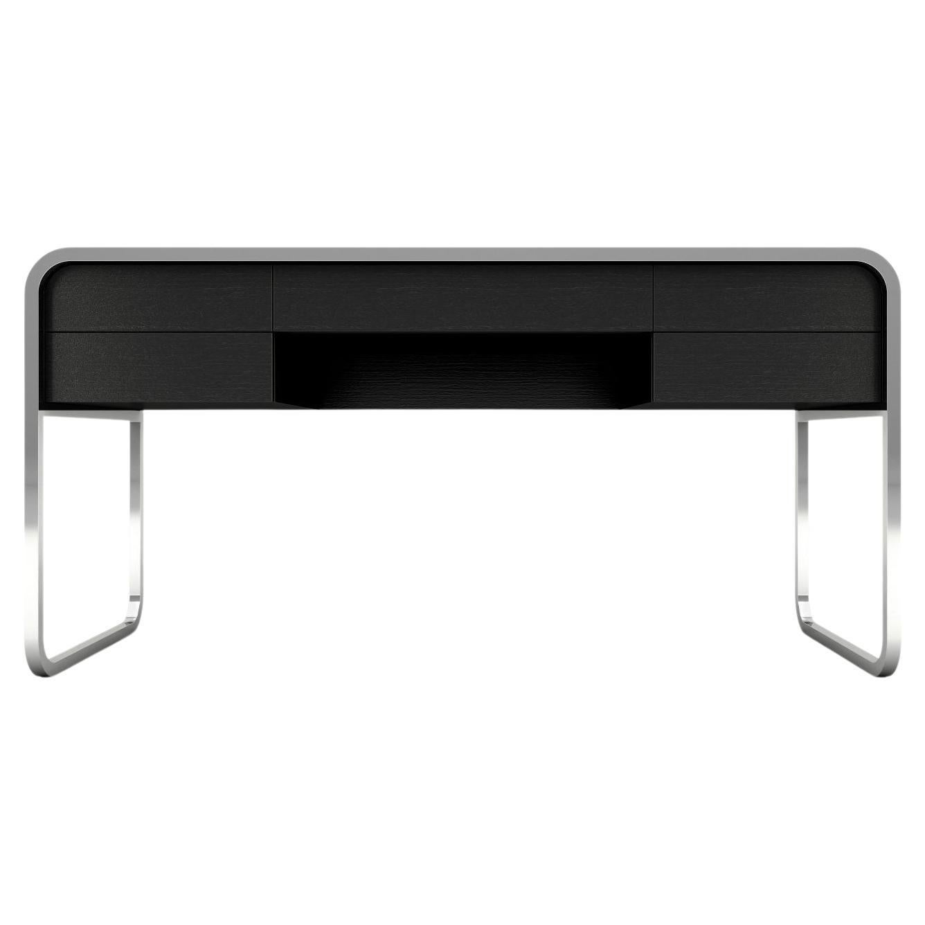 Midnight Desk - Bureau moderne laqué noir avec pieds en acier inoxydable en vente