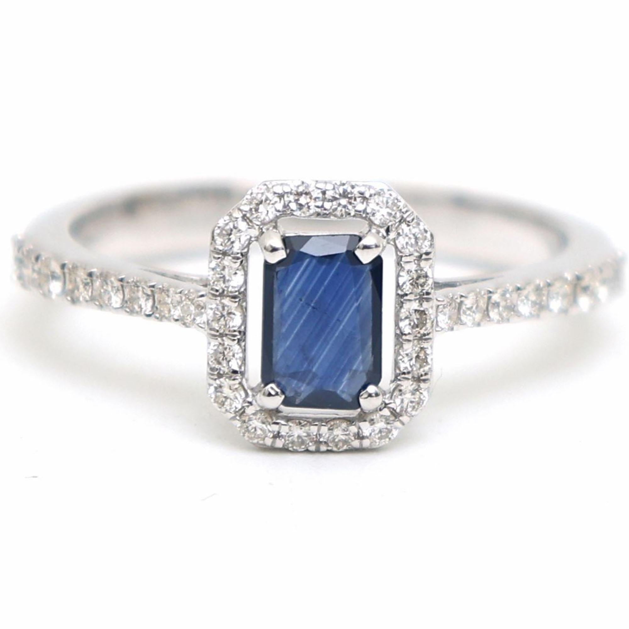 For Sale:  Midnight Elegance 18K White Gold Blue Sapphire Halo Ring