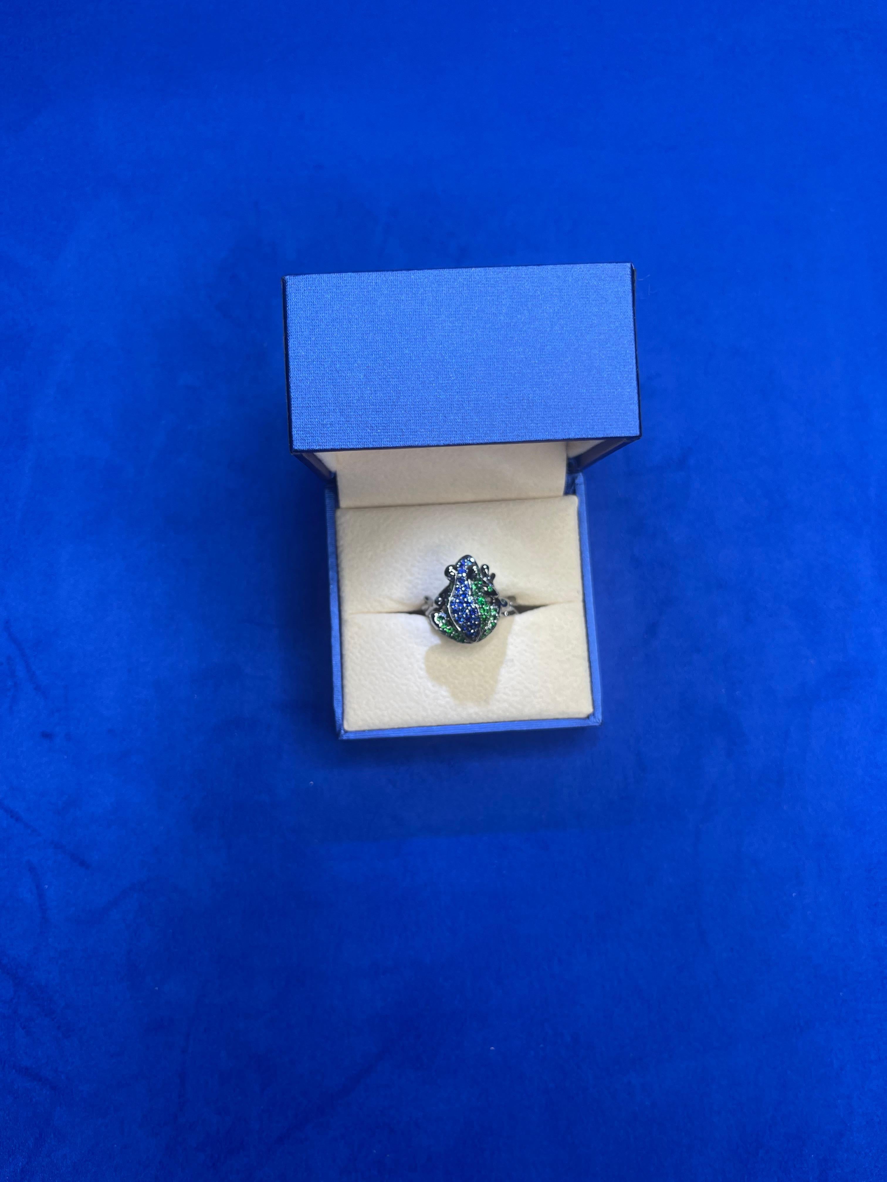 Diamond Ruby Blue Sapphire Tsavorite Pave Lucky Frog Animal Fun White Gold Ring For Sale 3