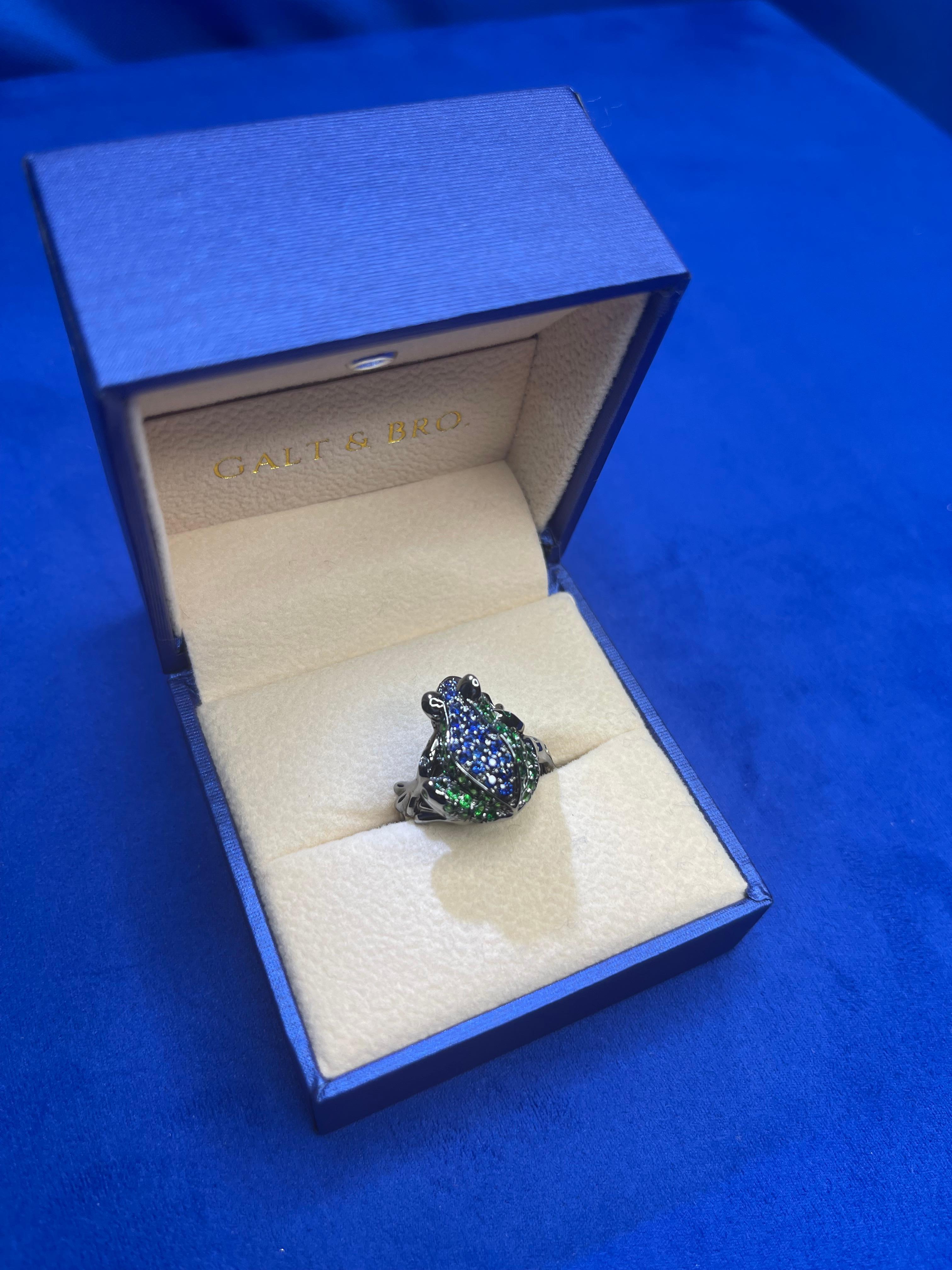 Diamond Ruby Blue Sapphire Tsavorite Pave Lucky Frog Animal Fun White Gold Ring For Sale 4